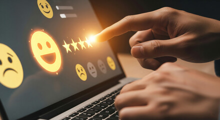 Wall Mural - laptop screen displays glowing smiley faces and stars, hand interacts with five-star rating, showcas