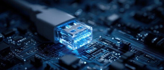 Digital Connectivity: A Close-Up of a Glowing USB Connector on a Circuit Board