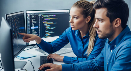 Wall Mural - two programmers, woman and man, in blue shirts, work together on computer code, collaborating on a p