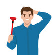 © lioputra - Puzzled man in a blue shirt holds a red plunger while scratching his head. Flat vector illustration isolated on white background