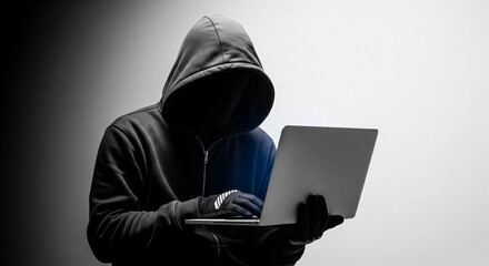 Wall Mural - hooded figure using laptop, face obscured, dark clothing, bright background, symbolizing anonymity, 
