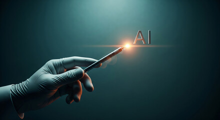 Wall Mural - gloved hand holds stylus, pointing at illuminated ai lettering on dark teal background, showcasing t