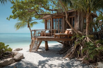 secluded beach treehouse escape. tranquil ocean views, wooden design.