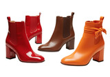 A trio of stylish ankle boots: glossy red patent, smooth brown chelsea, vibrant orange with bows, standing upright on a transparent isolated background, clean product photography showcase