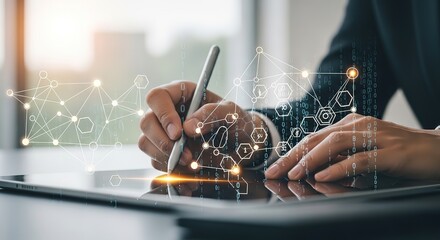 Person using a stylus on a tablet with a digital network overlay and binary code