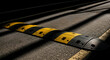 © DEDI - Close-up of a black and yellow speed bump on an asphalt road with shadow patterns demonstrating road safety