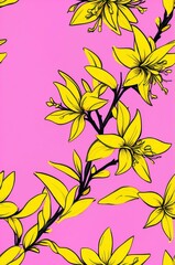 Wall Mural - Forsythia on pink background cartoonish seamless pattern