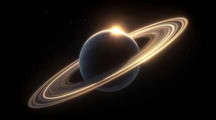 Wall Mural - A creatively depicted Saturn is shown with its spinning rings set against the backdrop of one of the planet's moons and the sun