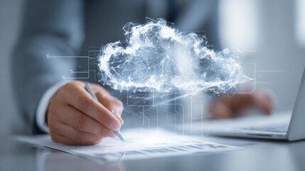 Businessman hand working with a Cloud Computing diagram on the new computer interface as concept, no logos, no brands