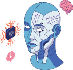 Wall Mural - futuristic robot head with microchip and brains representing artificial intelligence and technology 