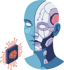 Wall Mural - artificial intelligence robot head with human and machine brain concept digital technology innovatio