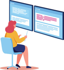 Woman working on dual computer screens coding software development technology vector illustration