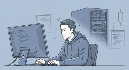 Focused software developer programming at a computer workstation with a server rack in the background vector illustration