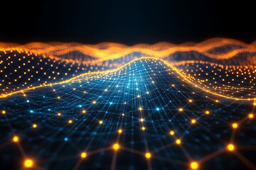 Glowing Blue and Orange Tech Grid in Digital Landscape Background,Generative Ai