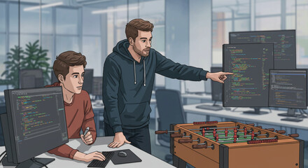 Two programmers collaborating in a modern tech office. A senior developer mentoring a colleague during a code review session.
