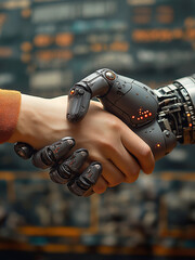 A handshake between a human and a digital humanoid AI robot agent, symbolizing agentic artificial intelligence, cyber technology, autonomy, and the evolution of human and machine automation