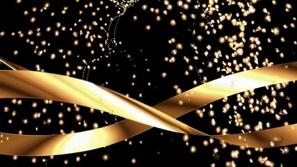 Poster - Golden ribbons and sparkling particles in elegant motion on black background