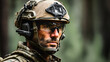 © Vishwesh - Close up portrait of Delta Force operator in tactical helmet, headset and ballistic glasses in forest environment, ideal for elite military, reconnaissance or special operations themes