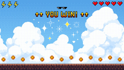Wall Mural - pixel art game level with a bright sky, clouds, and a 