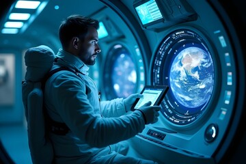 Astronaut scientist using digital tablet in futuristic space station with Earth view