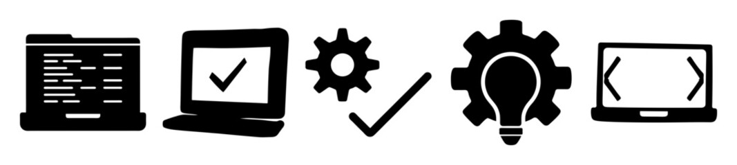 Diverse conceptual icons for technological development and successful software deployment