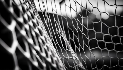 black and white close up of a soccer net with intricate patterns emphasizing texture and simplicity