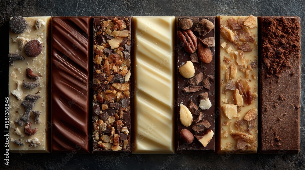 An array of chocolate bars featuring multiple flavors and toppings laid ...