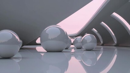 Wall Mural - futuristic spheres in minimalistic space with dynamic light shifting over reflective surface