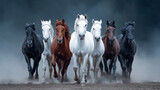 Dynamic shot of seven powerful horses running side by side in dramatic lighting
