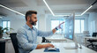 © peno - Businessman use artificial intelligence AI technology for enhanced work efficiency data analysis and efficient tools, Unlocking work potential with AI solutions chatbot help solve work problems.