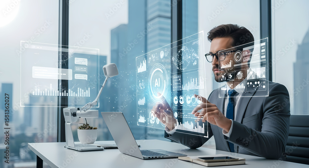 Businessman use artificial intelligence AI technology for enhanced work ...
