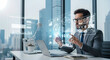 © peno - Businessman use artificial intelligence AI technology for enhanced work efficiency data analysis and efficient tools, Unlocking work potential with AI solutions chatbot help solve work problems.
