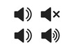 © Hanna - Speaker sound volume icons set. Black audio control symbols. Mute, low, medium, high volume levels. Sound speaker vector on dark background. Speaker status icon pack for UI UX apps