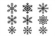 © Hanna - Black snowflake icon set. Winter snow symbols vector illustration. Collection of symmetrical snowflake designs for holiday decoration, Christmas graphics, seasonal pattern, frost elements