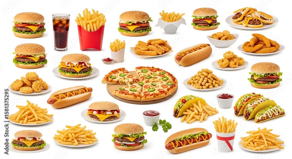 A vibrant collage showcasing a variety of fast food items including ...