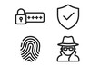 © Hanna - Line style vector cyber security icon set for web and mobile: padlock password entry, shield checkmark protection, fingerprint authentication, spy agent privacy silhouette
