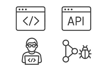 web development line style icon set, code editor, api integration, programmer coding on laptop, syst