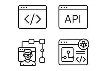 line style web development icon set: browser window with code brackets, api interface symbol, develo