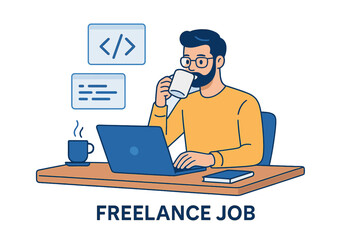 Remote freelance software developer sipping coffee while coding on laptop at modern home office desk. Programming, code snippets, technology, remote work concept illustration