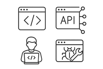 Web Development Line Icons Set. Coding, API Integration, Programmer, Debugging, Application Flow, Node Connection. Developer Tools for Websites, Mobile Apps, Bug Fix, Code Window