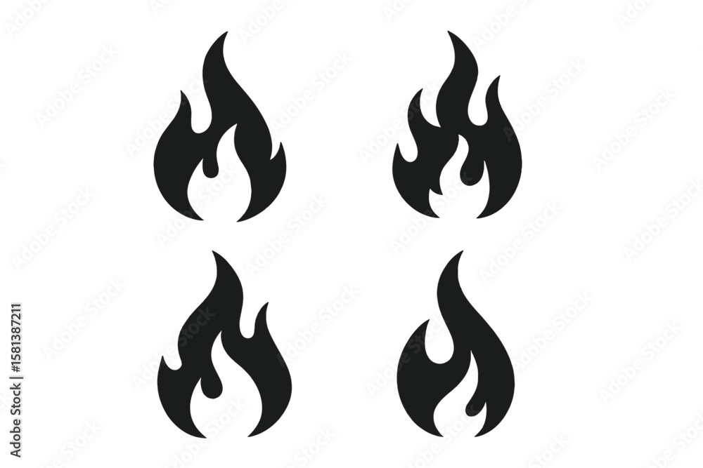 Fire flame vector icon set. Simple black flat illustration symbol ...