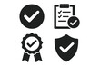 © Jane - Check mark icon set. Quality control, approval, and certification symbols. Vector glyph pictograms of checklist, award ribbon, and security shield for compliance and standards.