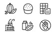 © Jule - Chocolate production process line icon set. From cocoa bean to chocolate bar. Factory manufacturing, cacao processing, sweet dessert, ingredients, and food allergy symbol.