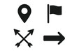 © Jane - Navigation icon set with map location pin and destination flag. Start and finish symbols. Crossed arrows for direction and right pointer arrow. Vector glyphs for travel, route & GPS.