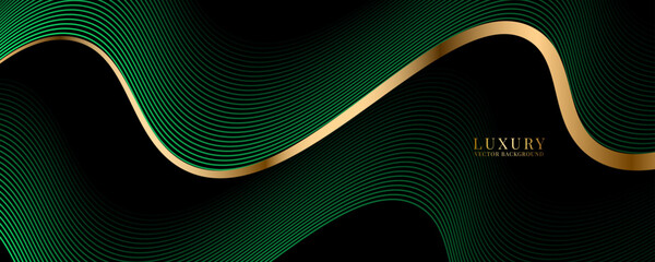 Wall Mural - 3d green luxury abstract background overlap layer on dark space with golden wave lines decoration. m