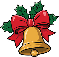 Christmas Bell with Red Bow and Holly – Holiday Vector Illustration