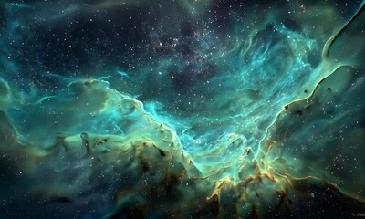 Wall Mural - Teal And Green Nebula In Dark Space