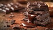 © ROY - Stacked dark chocolate pieces, melted chocolate drizzling down