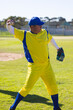© Wavebreak Media - Baseball pitcher winding up to pitch on grass field near dirt infield, with pavilion and trees