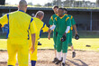 © Wavebreak Media - Diverse male baseball players shaking hands on infield dirt near dugout with helmets and cleats